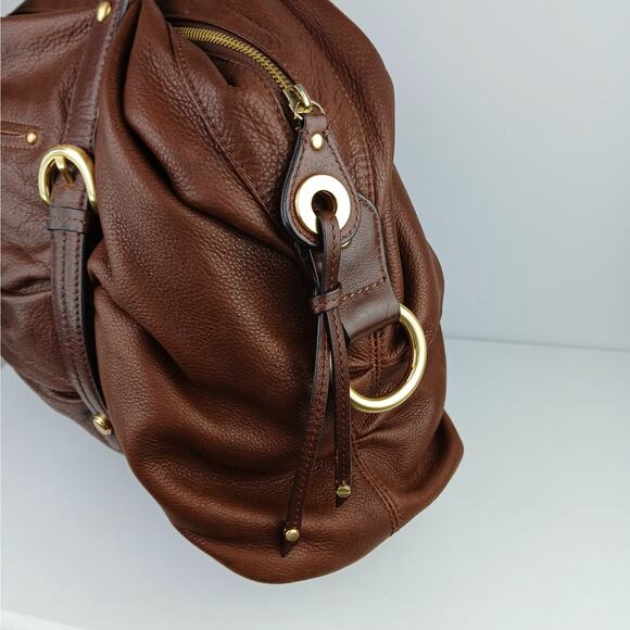 B Makowsky Large Buttery Brown Leather Double Top Handle Purse Gold Hardware - Picture 3 of 7